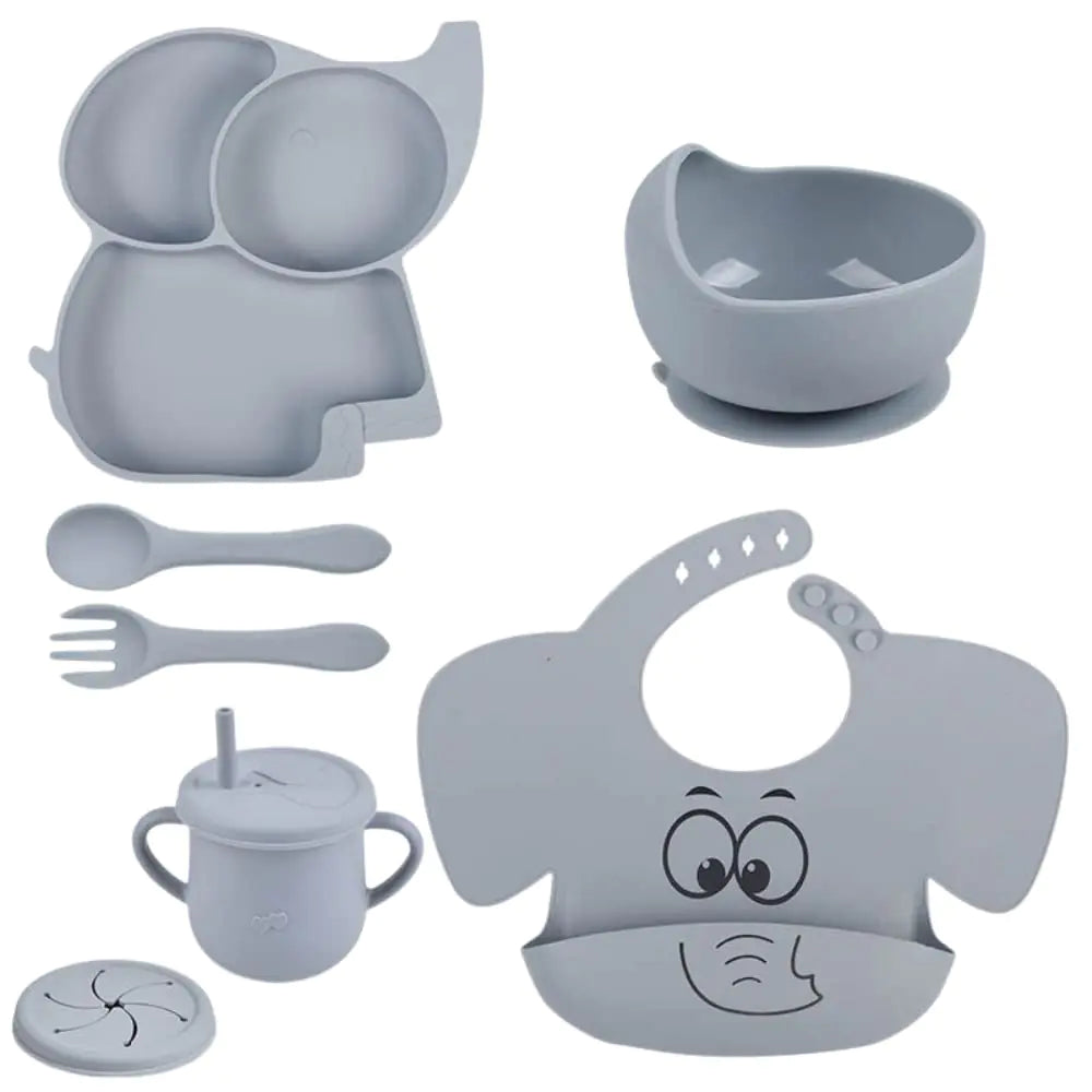 Silicone Baby Feeding Set | Baby Led Weaning Supplies | Baby Feeding Supplies | Toddler Silicone Dishes | Suction Plate and Bowl Bib Straw and Snack Cup Utensils. Set of 6 (Gray)