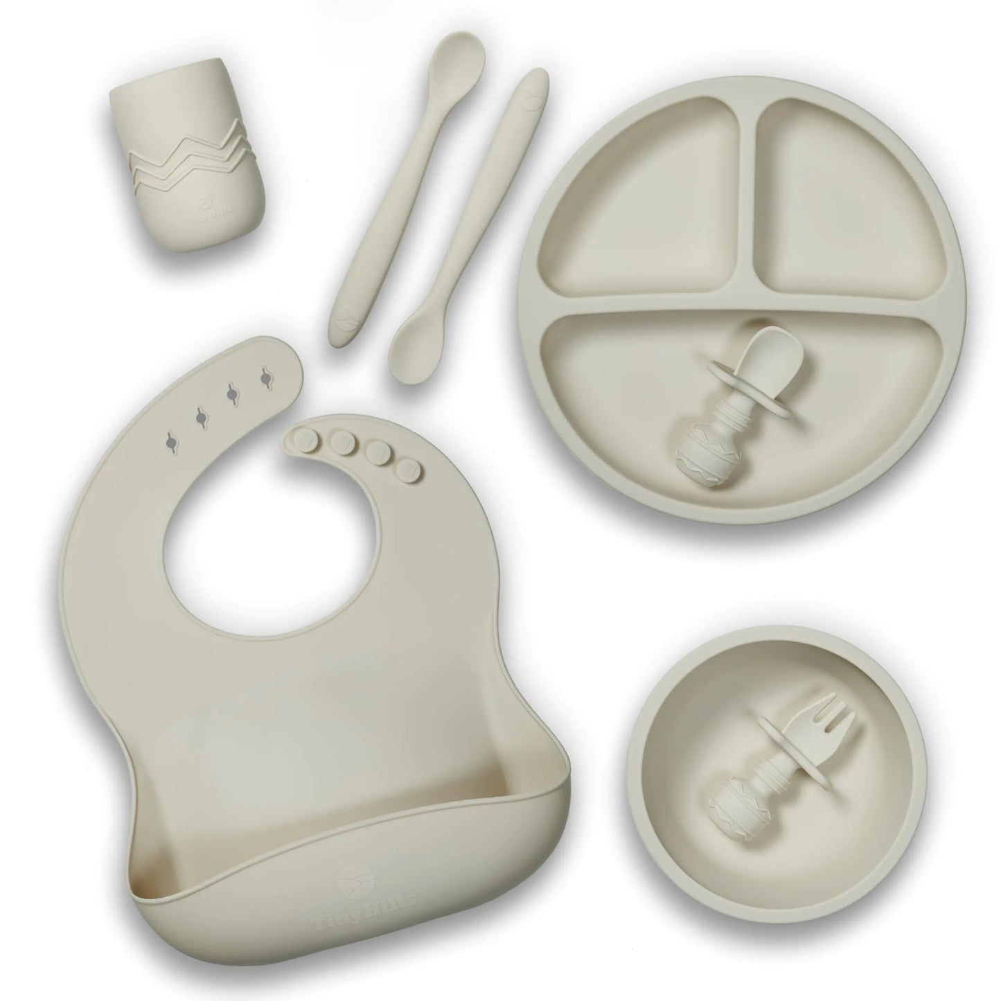 Silicone Baby Feeding Set Baby Led Weaning Supplies - Suction Plate and Bowl Self Feeding Spoon and Fork 2 Bendable Spoons Tiny Cup Bib First Stage Eating Utensils Baby Dishes