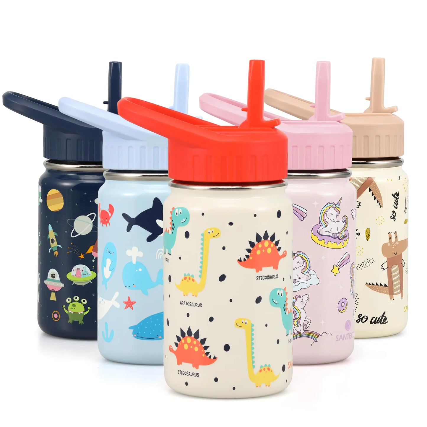 SANTECO Kids Water Bottle for School with Straw Lid12oz Stainless Steel Insulated Water Bottle for Kids Leak Proof Cute Animal Toddler Straw Cup for School Girls Boys - Dinosaur