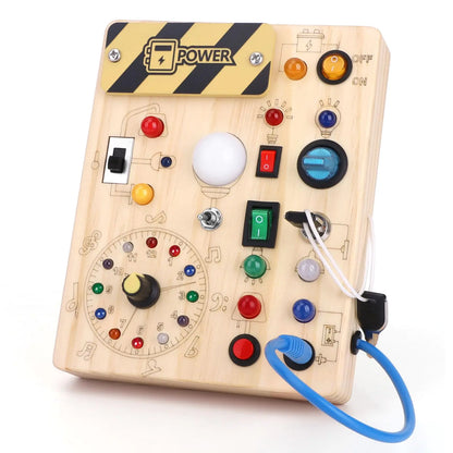 Montessori Toys Clock Wooden Busy Board with 11 LED Light switches Tooddler Toys Sensory Toys Travel Toys for 1+ Year Old Baby and Toddler
