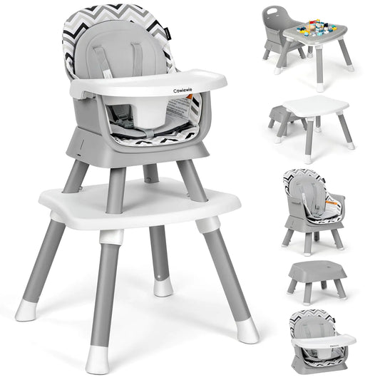 Cowiewie 8 in 1 Baby High Chair for Babies & Toddlers Table and Chair Set Building Block Table Highchair with Safety Harness Removable Tray(Wavy)