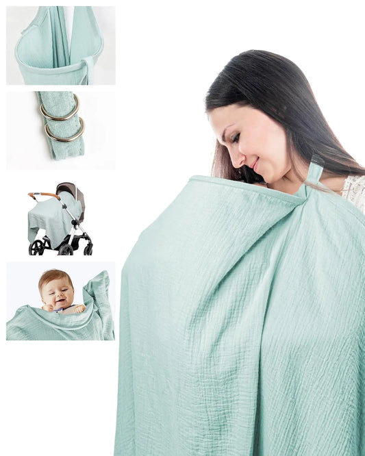 BALIME Muslin Nursing Covers for Breastfeeding Hign Privacy & Breathable Nursing Cover Up for Breastfeeding Cotton Breast Feeding Covers with Rounded Edge Arch Neckline (Green)