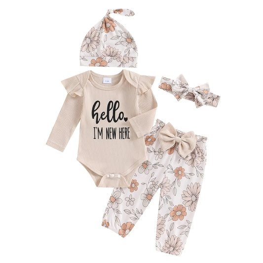 wybzd Im New Here Newborn Outfit Girl Boy Coming Home Clothes Ribbed Long Sleeve Romper Top Floral Pants Set 4pcs (Khaki New Here Newborn)