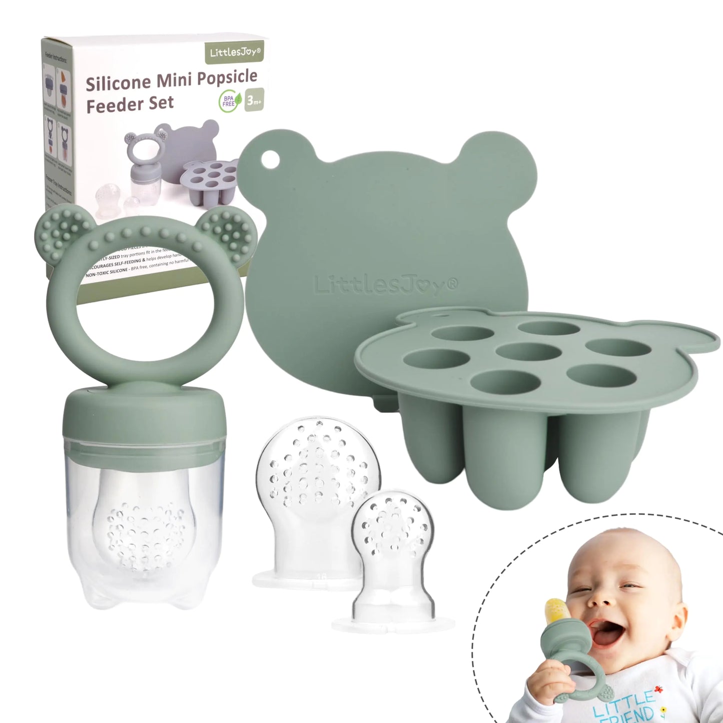 LittlesJoy Silicone Baby Fruit Feeder & Freezer Tray Set Baby Breast Milk Popsicle Mold for pureesBaby Food FeederBPA Free for 3 Month+ Additional Silicone Pouches (Sage)