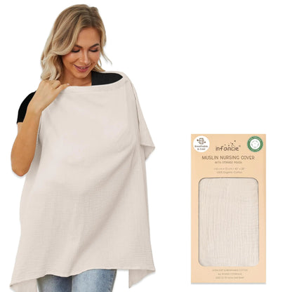 Organic Cotton Nursing Cover Muslin Breastfeeding Cover 43 x 28 inches Breathable Nursing Cover Up for Breastfeeding Multi-Purpose Breast Feeding Covers for Women (Ivory)