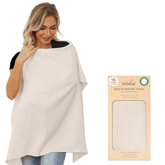 Organic Cotton Nursing Cover Muslin Breastfeeding Cover 43 x 28 inches Breathable Nursing Cover Up for Breastfeeding Multi-Purpose Breast Feeding Covers for Women (Ivory)