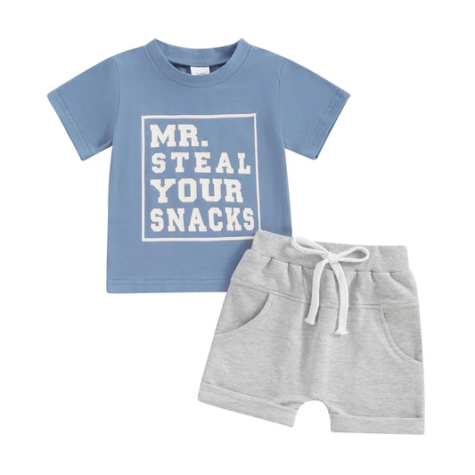 Toddler Baby Boy Summer Clothes Letter Print Short Sleeve Shirt Tops and Shorts Set Summer Outfit 2Pcs (A-Blue18-24 Months)