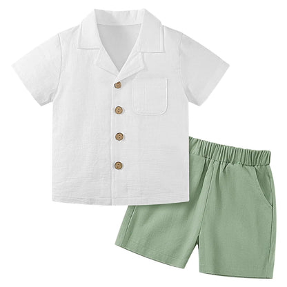 Baby Boy Clothes Set Toddler Summer Outfit Cotton Linen Short Sleeve T-Shirt Tops Pocket Button-Down Shirt Shorts Set