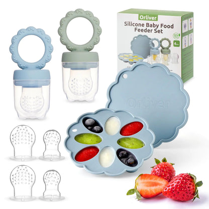 Silicone Baby Fruit Feeder & Breastmilk Popsicle Mold Set Baby Food Freezer Tray for Cooling Teething Relief Baby Food Feeder for Safe Baby Self-Feeding Includes 3 Different Size Pacifiers