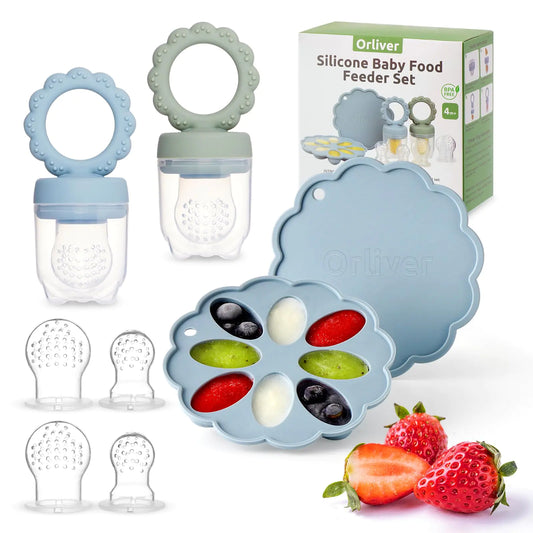 Silicone Baby Fruit Feeder & Breastmilk Popsicle Mold Set Baby Food Freezer Tray for Cooling Teething Relief Baby Food Feeder for Safe Baby Self-Feeding Includes 3 Different Size Pacifiers