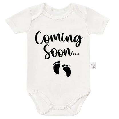 TENUB Coming Soon Bodysuit Gender Neutral Baby Clothes Romper Short Sleeve Infant Toddler Outfits Jumpsuit Parents Baby Announcement Newborn Gifts (White 9-12 Months)