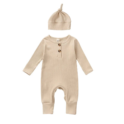 Karwuiio Infant Baby Boys Girls Jumpsuit Solid Long Sleeve Bodysuit Romper with Hat Newborn Coming Home Clothes (Beige Yellow 12-18 Months)