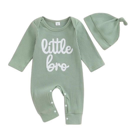 mlpeerw Newborn Baby Boy Romper Little Brother Print Knit Bodysuit Jumpsuit+hat Coming Home Outfit Infant Clothes (Green romper 3-6 Months)