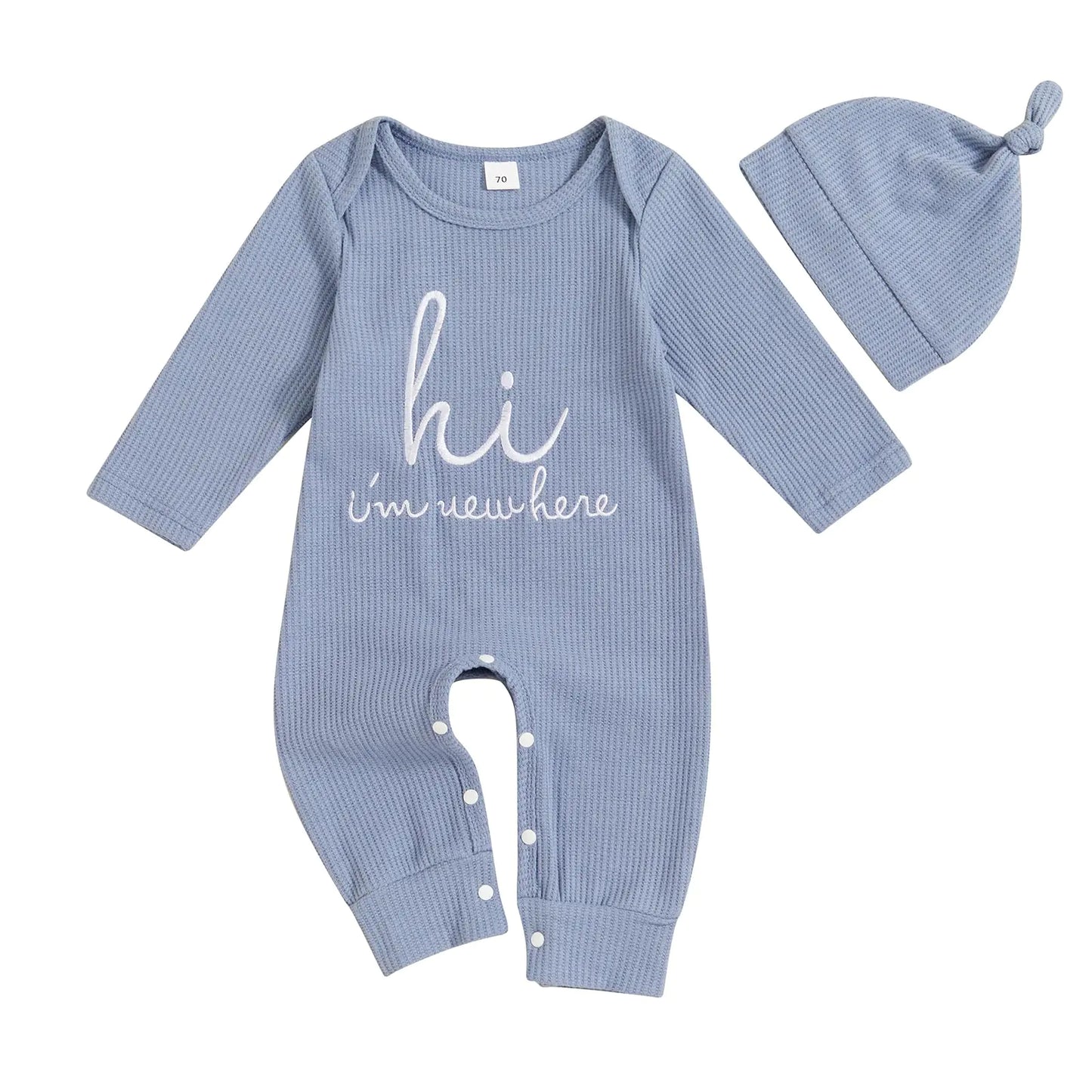 SAYOO Newborn Baby Boy Girl Romper Im New Here Embroidery Letter Jumpsuit Coming Home Outfits Fall Gender Neutral Clothes (Blue 6-12 Months)