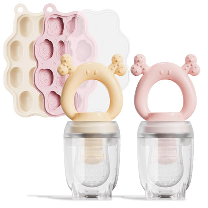Silicone Baby Fruit Feeder with Freezer Tray (2 Pack)Baby TeethersBaby Teething ToyBreastmilk Popsicle Molds for Baby Teething ReliefFresh Food Feeder for Safe Infant Self Feeding (Pink & Nude)