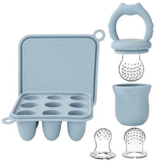 Socub Silicone Baby Fruit Food Feeder & Baby Food Freezer Tray Set Breastmilk Popsicle Molds for Baby Teething Relief Baby Food Pacifier Feeder for Self Feeding Include 3 Sizes Food Pouch(Ether)