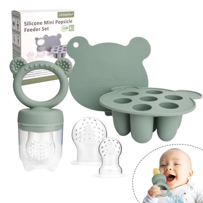 LittlesJoy Silicone Baby Fruit Feeder & Freezer Tray Set Baby Breast Milk Popsicle Mold for pureesBaby Food FeederBPA Free for 3 Month+ Additional Silicone Pouches (Sage)