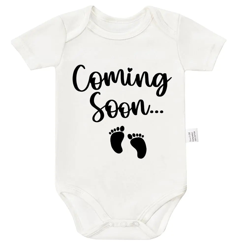TENUB Coming Soon Bodysuit Gender Neutral Baby Clothes Romper Short Sleeve Infant Toddler Outfits Jumpsuit Parents Baby Announcement Newborn Gifts (White 9-12 Months)