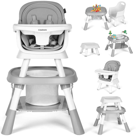 Cowiewie Baby Highchair 16-in-1 Convertible High Chairs for Babies & Toddlers Table Chair Set Building Block Table Highchair with Safety Harness Removable Tray (Grey)