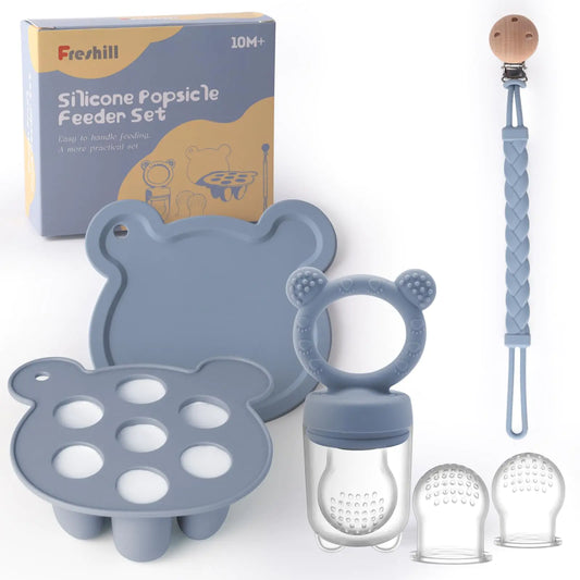 Freshill Breastmilk Popsicle Molds for Teething Baby Food Silicone Freezer Tray & Infant Fruit Feeder Teething Popsicle for Baby with Silicone Pacifier Clip Dishwasher Safe BPA Free