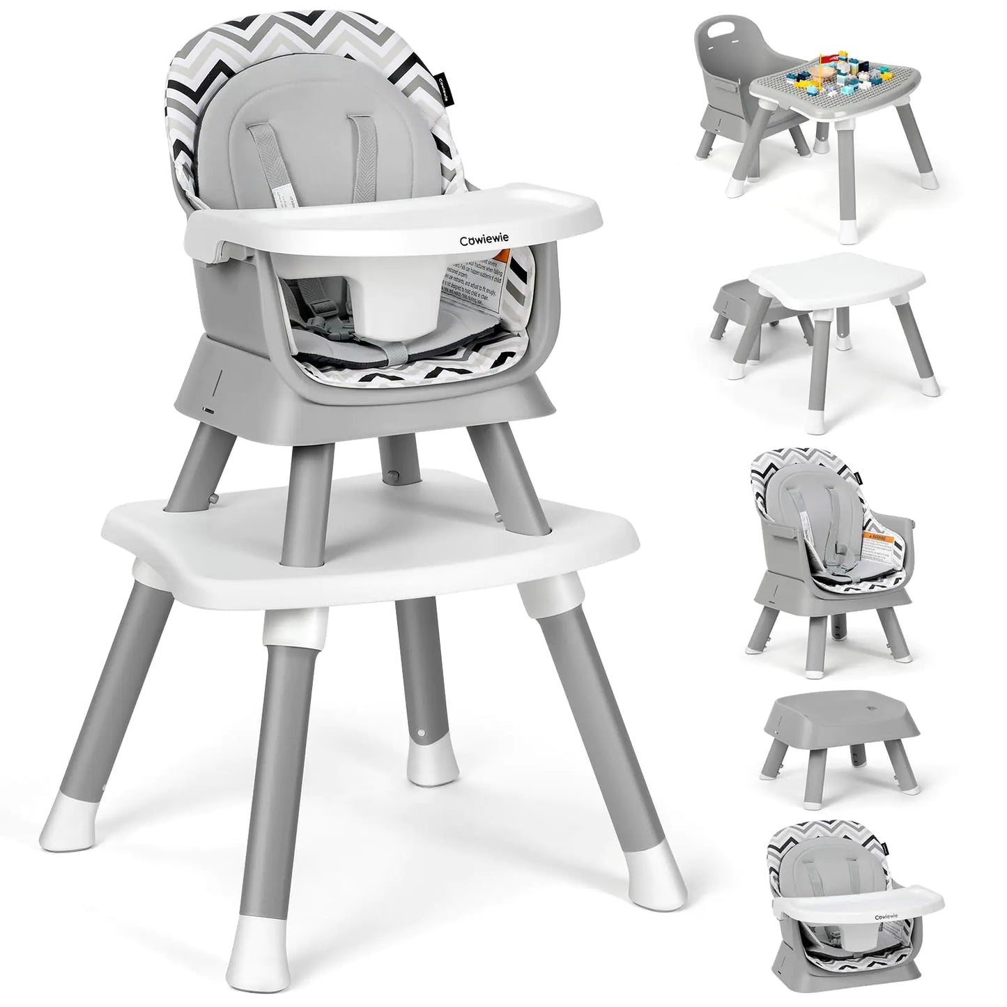 Cowiewie 8 in 1 Baby High Chair for Babies & Toddlers Table and Chair Set Building Block Table Highchair with Safety Harness Removable Tray(Wavy)