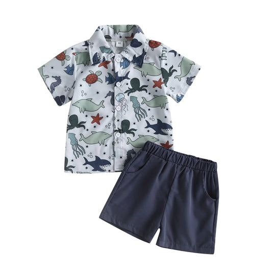 fhutpw Baby Toddler Boy Outfits 2T 3T 4T 5T Clothes Summer Kids Pattern Short Sleeve Button Down Shirt & Shorts Set