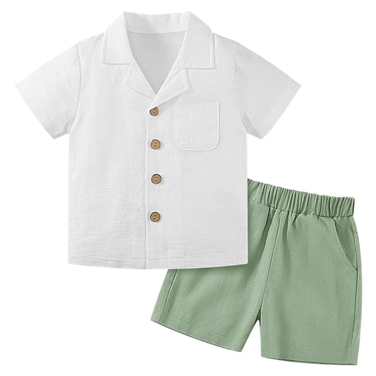 Baby Boy Clothes Set Toddler Summer Outfit Cotton Linen Short Sleeve T-Shirt Tops Pocket Button-Down Shirt Shorts Set