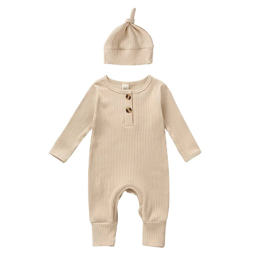 Karwuiio Infant Baby Boys Girls Jumpsuit Solid Long Sleeve Bodysuit Romper with Hat Newborn Coming Home Clothes (Beige Yellow 12-18 Months)